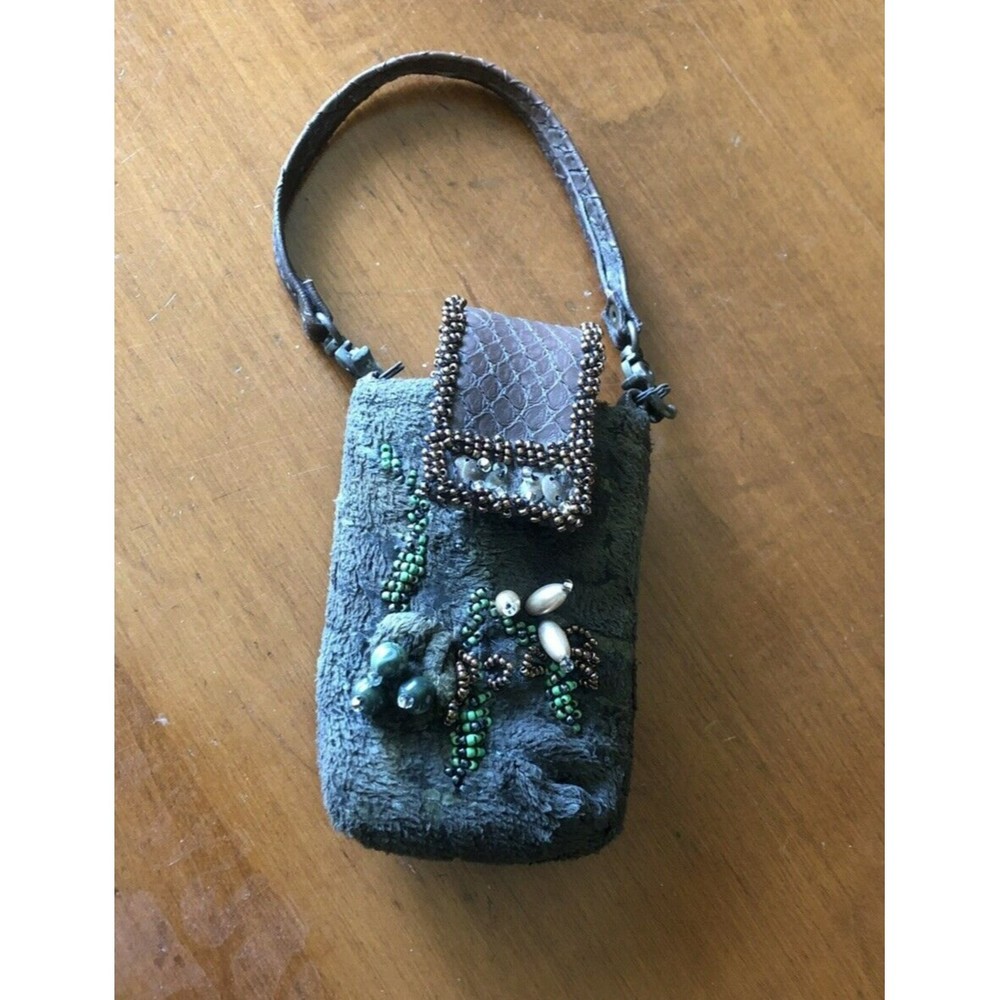 Mary Frances Mini Handbag Dark Green Shag w/ Beads, Makeup or Flip Phone Size